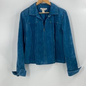 AMI blue leather suede zip front jacket  burnished gold tone stud detail
